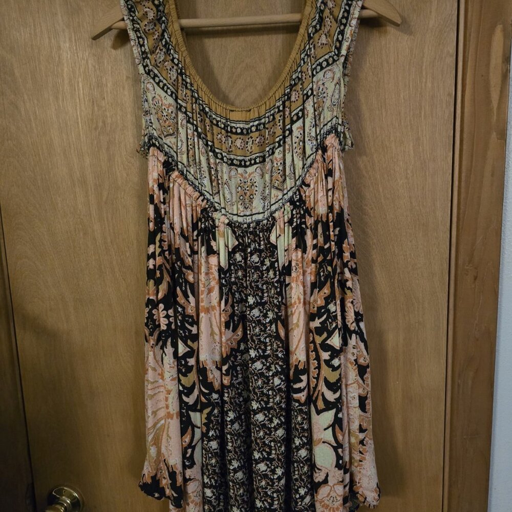 Free People Bali Mariposa Mini Slip Dress Tunic XL Floral Brown Combo EUC - Picture 3 of 5